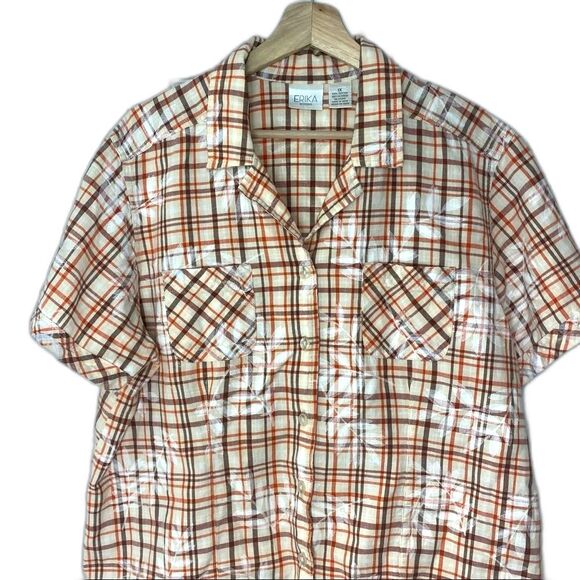 Erika Plaid Cotton Button up Orange Brown Beige Short Sleeve Shirt… - Picture 2 of 8